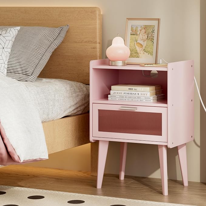 MMEOLUOOK Nightstand with Charging Station, Bedside Tables Pink End Table Side by MMEOLUOOK