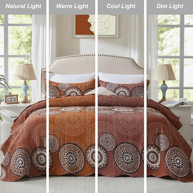 3 Pieces King Size Burnt Orange Rust Quilt Set Lightweight Oversized Bedspread - Image 2