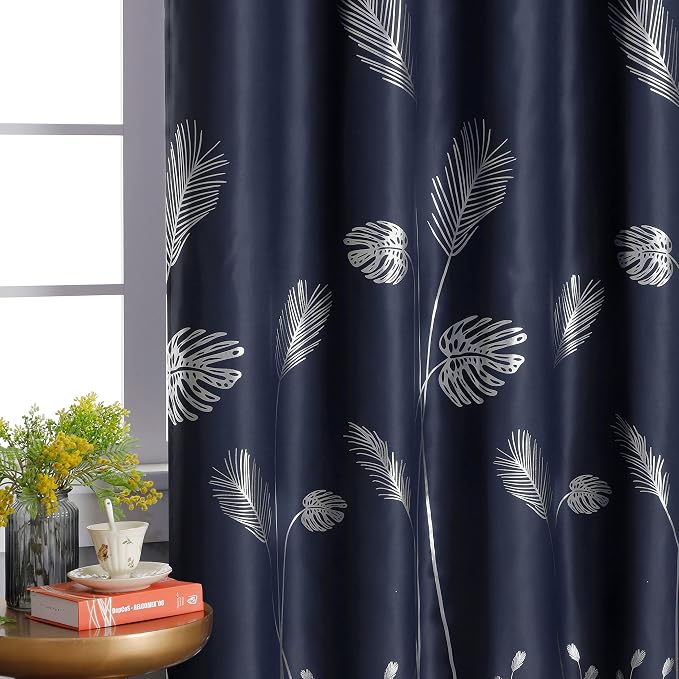 Silver Blackout Curtain for Bedroom 100W x 84L Inch Elegant Silver Palm Tree - Image 3