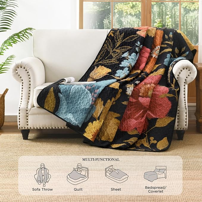 Quilt King Size, Colorful Floral Boho Summer Bedspread 3 Pieces | Golden Flower - Image 4