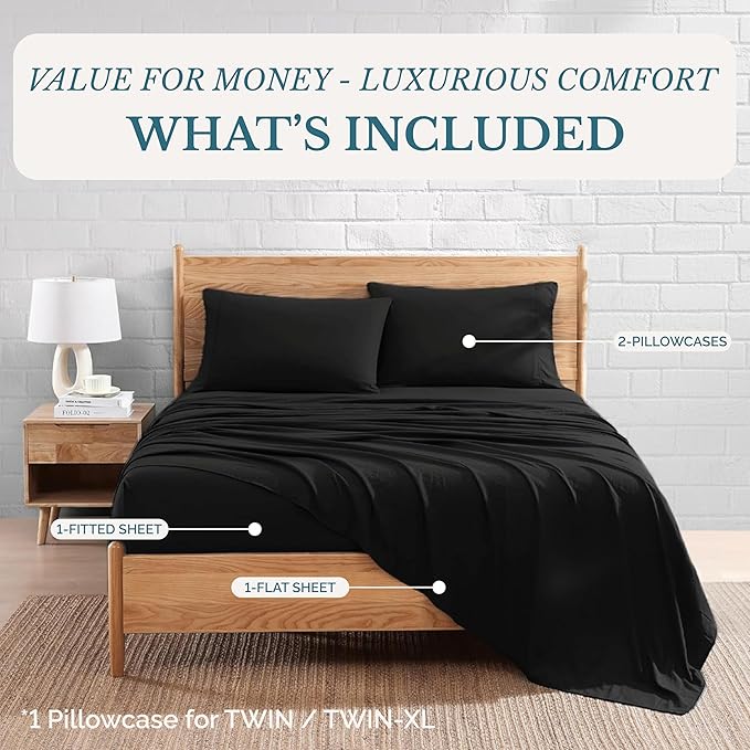Casa Platino California King Sheets, 4 Piece Set, Pre-Washed Ultra Soft Bed Sheets Set, Brushed Microfiber California King Bedding Sets, California King Size Sheets with 15 inch Deep Pockets - Black