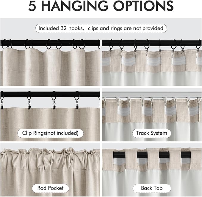 MIULEE 100% Blackout Back Tab Pleat Linen Curtains 50" Wx96 L, Thick Faux Linen - Image 6