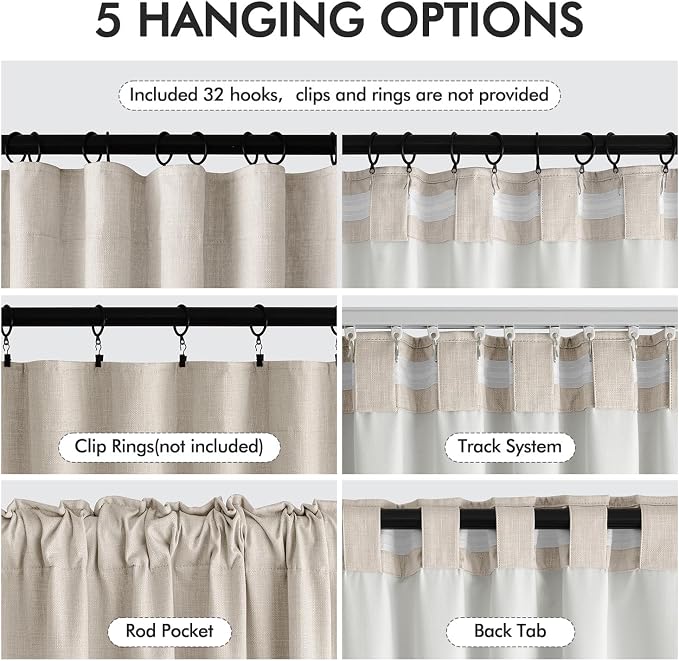 MIULEE 100% Blackout Back Tab Pleat Linen Curtains 50" Wx84 L, Thick Faux Linen - Image 6