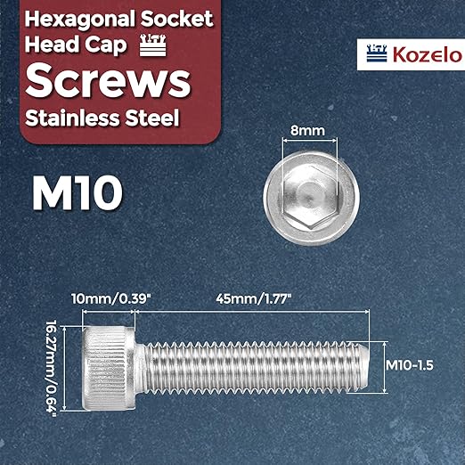 Kozelo 5pcs Socket Head Cap Screws - [M10-1.5 x 45mm] 304 Stainless Steel Allen Socket Drive for Electrical Motor 3D Printing Fan Engine Replacement Use, Silver