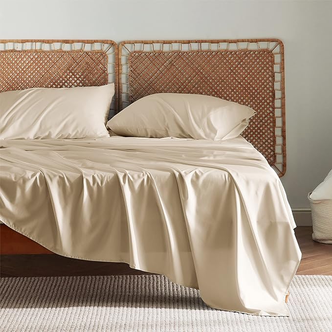 Bedsure Full Size Bed Sheets, Cooling Sheets, Rayon Derived from Bamboo, Breathable & Soft, Deep Pocket Up to 16 Inches, Hotel Luxury Silky Bedding for Hot Sleepers, Beige