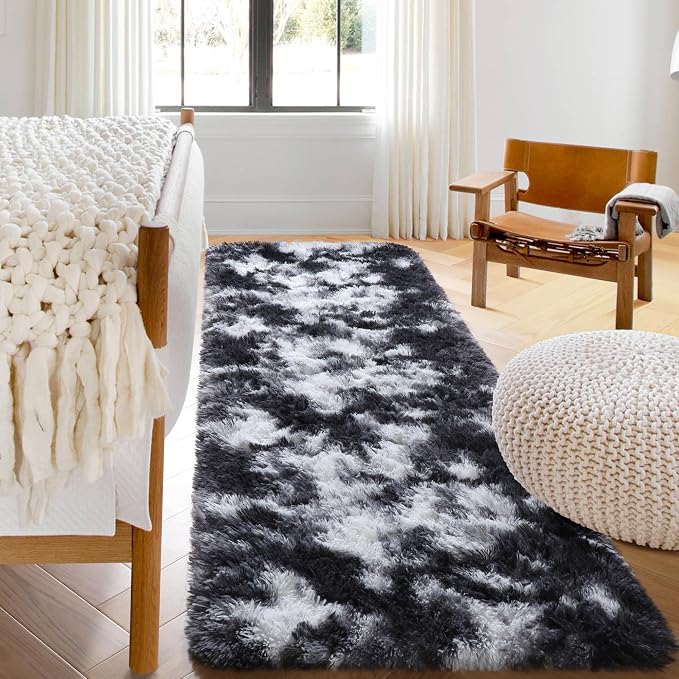 Runner Rugs for Bedroom Living Room, Fluffy Black and White 2x6 Bedside Hallway - Image 6