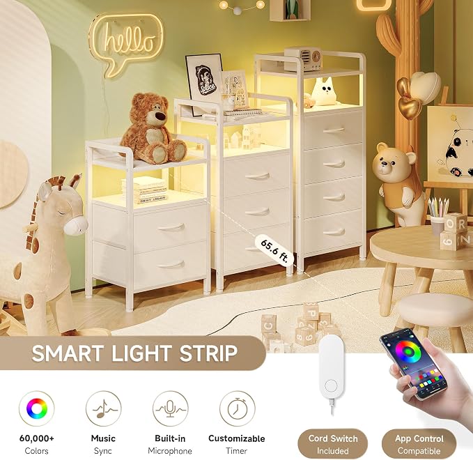 Lazzanto Nightstand with Rear Charging Station, LED Light, 3 Drawers, 2 USB-A - Image 4