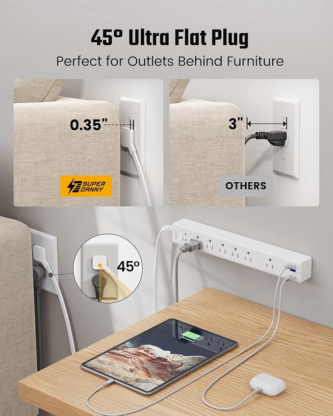 SUPERDANNY 6Ft Thin Extension Cord, Flat Plug Surge Protector Power Strip | - Image 3