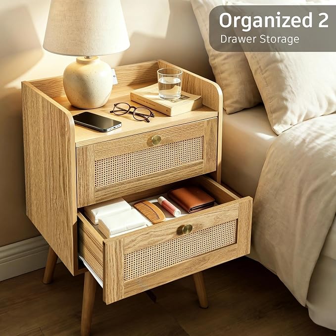 Rattan Nightstand with Charging Station, Bedside Table with 2 Drawers | Night - Image 3