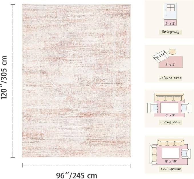 Latte&Fog 8x10 Area Rugs for Living Room Washable Large Pink Rugs Cute | Non - Image 2