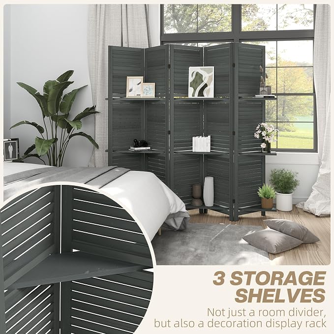 HOMCOM Room Divider with Shelves, 5 Panel, 3 Display Shelves, Folding Storage - Image 3
