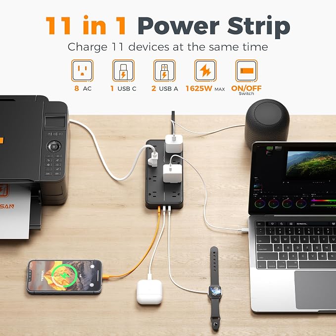 TESSAN Power Strip Surge Protector, 10FT Flat Plug Extension Cord | 8 Outlets 3 - Image 2