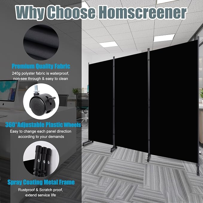 Room Divider 102'' Wide Folding Privacy Screen, 3 Panel Wall Divider w/Wheel | - Image 2