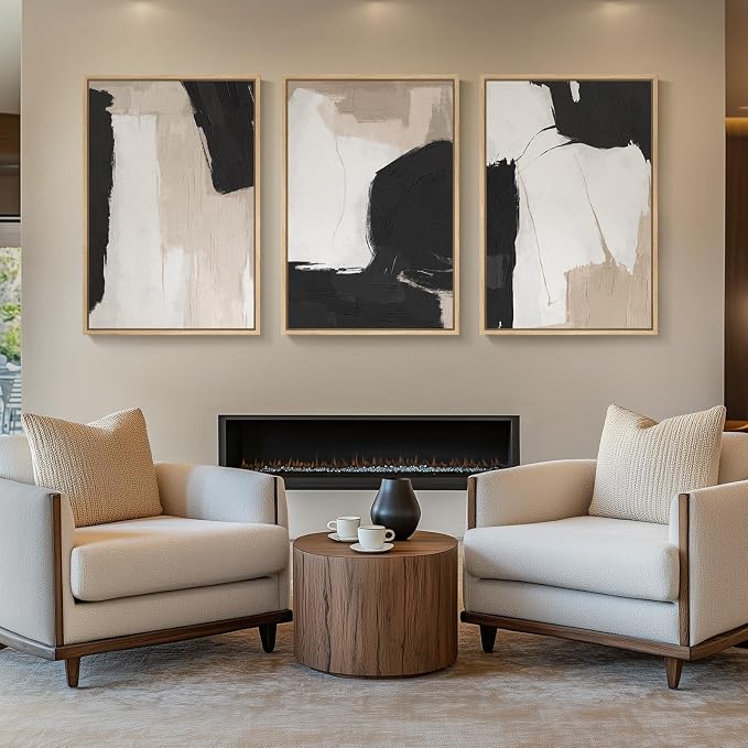 Large Framed Black and White Neutral Abstract Wall Art, 3 Piece, 24x36 In | - Image 4