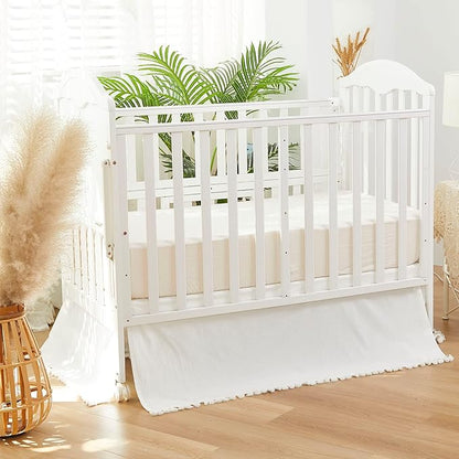 Brandream Boho Bohemian Girl Boy Baby Nursery Crib Bed Skirt Dust Ruffle - Neutral Solid Color Cream Off White Farmhouse Chic 100% Washed Cotton Minimalist Tassel Fringe Macrame