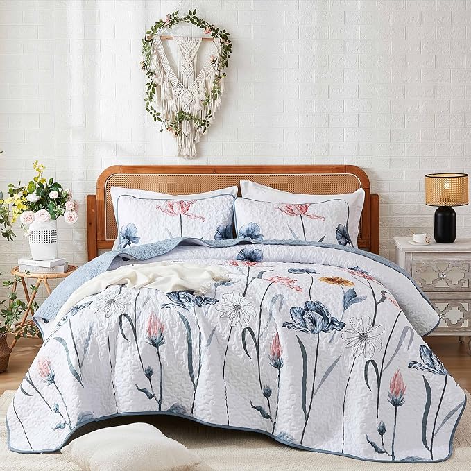 WONGS BEDDING King Size Quilt Set, 3-Piece Lightweight Botanical Bedspread | - Image 9