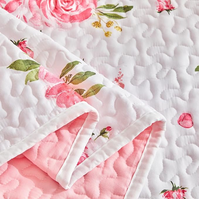 UOZZI BEDDING Pink White Floral Quilt Set 3 Pieces Queen Size Pink Flower Soft - Image 6