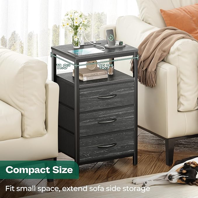 Huuger Nightstand with Charging Station, 27.6 Inch Bedside Table, Side Table | - Image 6