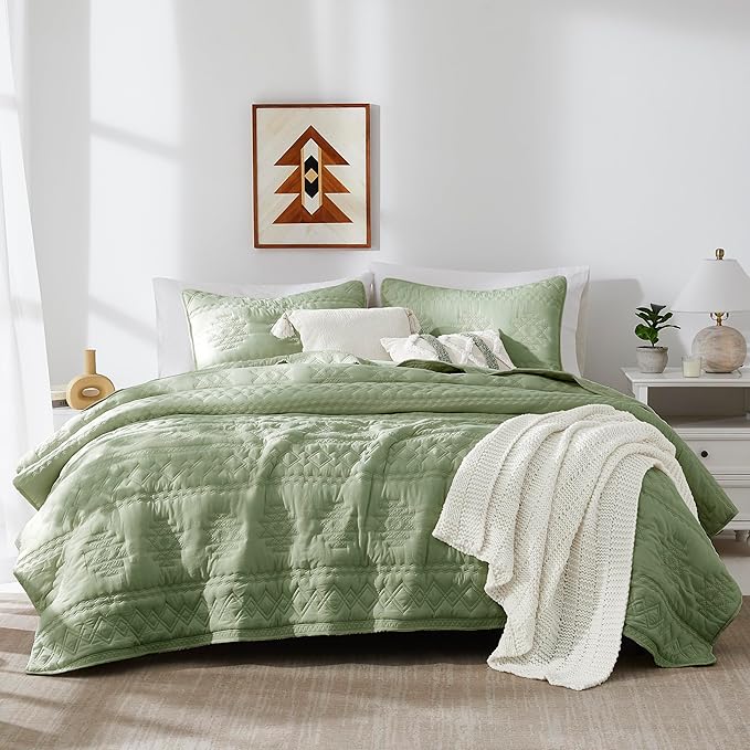 WDCOZY Boho Sage Green Quilt King Size Bedding Sets by WDCOZY