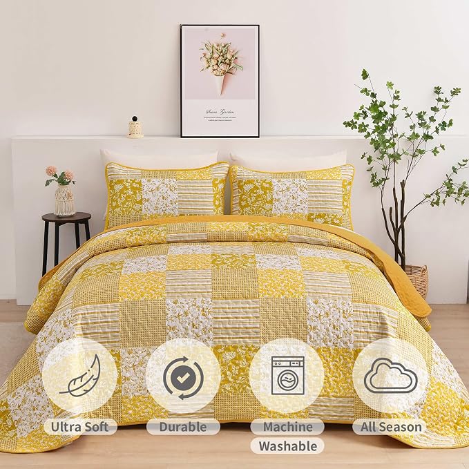 Mybedsoul Yellow Boho Quilt Set King Size, 3 Pieces Plaid Floral Bedspread - Image 4