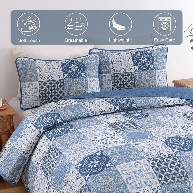 Quilt Set Queen Boho Plaid Patchwork Bedspreads Coverlet, Mineral Blue | 3Pcs - Image 4