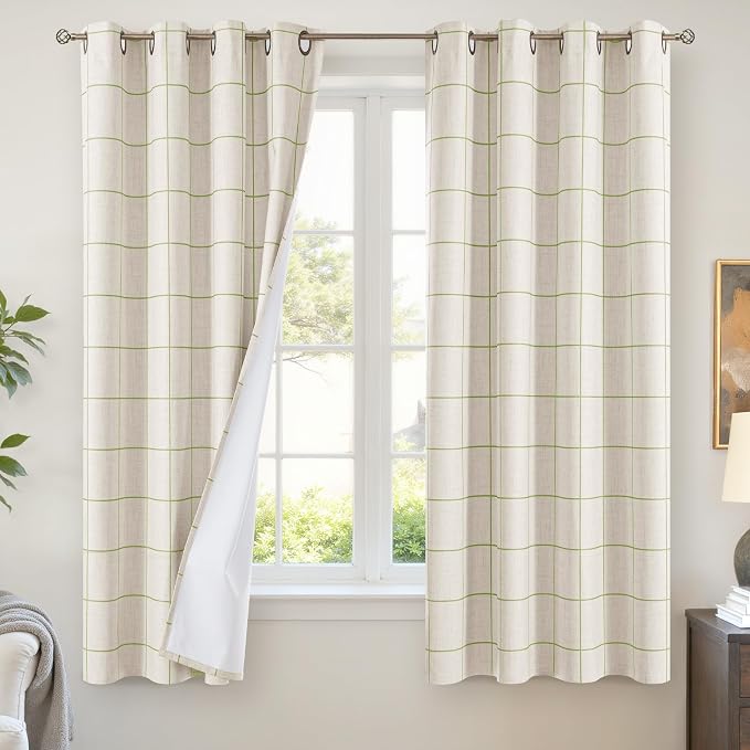 Sage Green Plaid Linen Blackout Curtains by Lajode