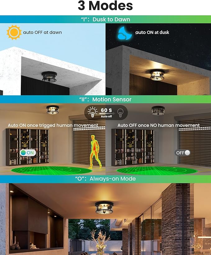 Craftersmark 2Pack Outdoor Flush Mount Ceiling Light 12.5In - Motion Sensor Porch Light, 2-Light E26 Socket, Durable Iron & Clear Glass, Light Fixtures for Porch, Driveway, Covered Patio, Farmhouse