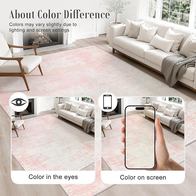 6x9 Area Rug Living Room: Modern Washable Soft Carpet Pink White | - Image 6