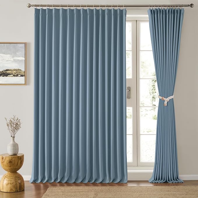 Extra Wide Dusty Blue Pinch Pleated Curtains 100 x 95, Thermal Insulated Noise by KEQIAOSUOCAI