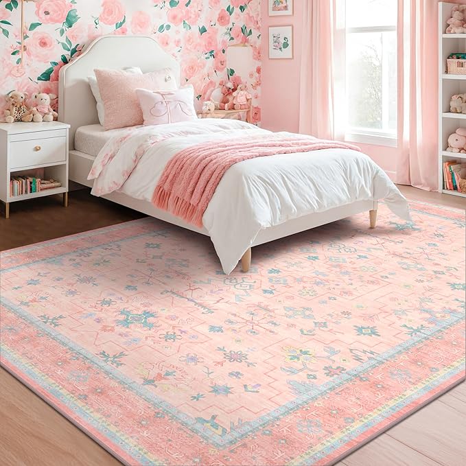 Pink and Blue Washable 5x8 Living Room Rugs, Boho Aethestic Oushak Vintage Area by HazoHaus