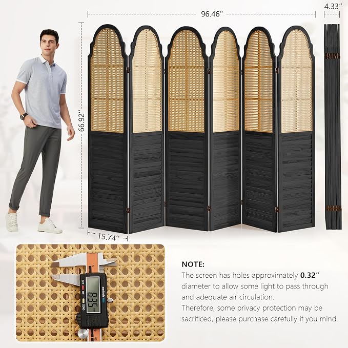 Wood Room Divider 6 Panel, Folding Privacy Screen, Rattan Room Divider Wall - Image 2