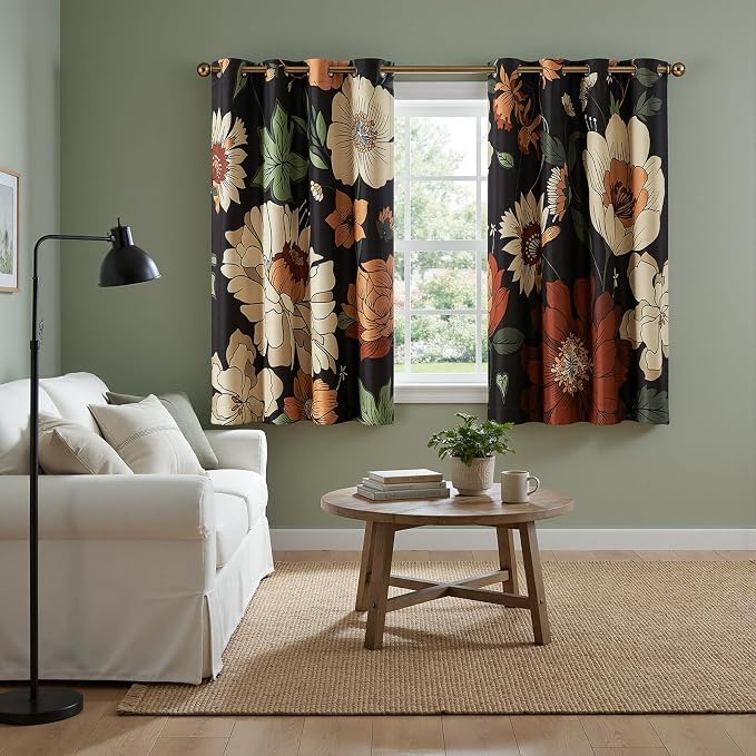 jinchan Black Boho Floral Blackout Curtains 63 Inch Grommet 2 Panels | Room - Image 9