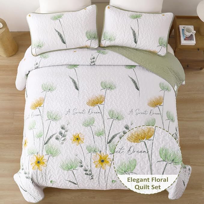 Dinjoy King Quilt Set, 3 Pieces Boho Floral Bedspreads, Fall Flower Bedding | - Image 2