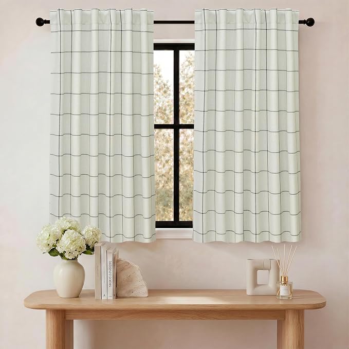 DriftAway 100% Blackout Windowpane Plaid Linen Curtains 36 Inches Black | by DriftAway
