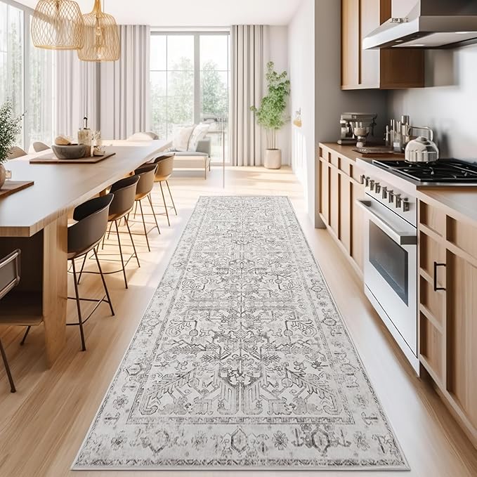 jinchan Lima Hallway Runner Rug 3x8 Washable - Vintage Floral Non Slip Low-Pile Soft Ultra-Thin Faux Wool Kitchen Rug Distressed Carpet Runner for Farmhouse Bedroom Laundry (3x8ft, Taupe)