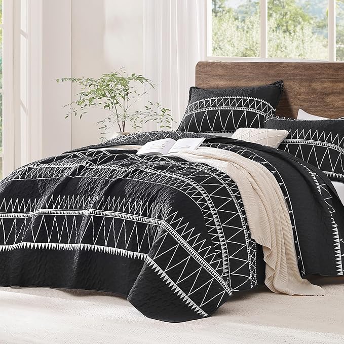 Black California King Quilt Set, 3 Pieces Boho Striped Bedspread | Soft by Andency