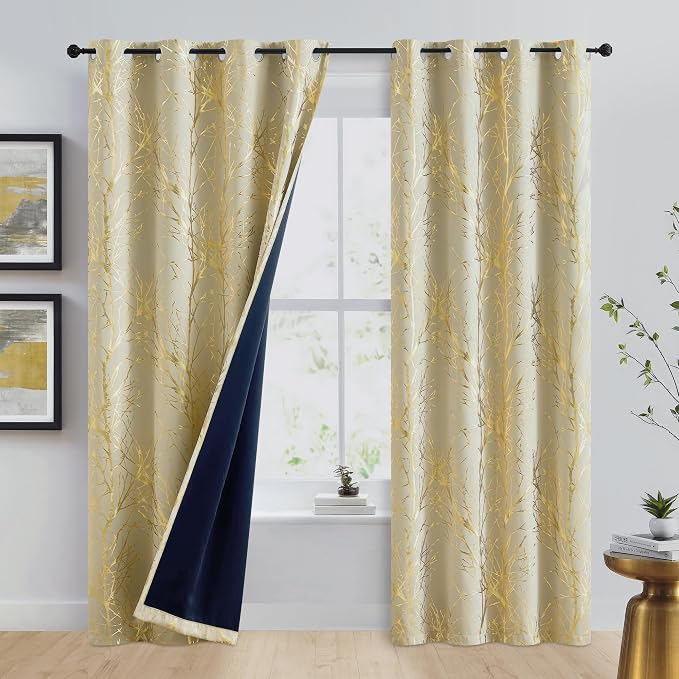FMFUNCTEX 100% Blackout Ivory Gold Foil Tree Curtains 84 Inch Long 2 Panels | - Image 2