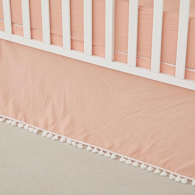 Brandream Boho Bohemian Girl Baby Nursery Crib Bed Skirt 100% Cotton Pleated Dust Ruffle Farmhouse Chic Ruffle Minimalist Tassel Fringe Macrame Luxury Toddler Bedskirt Solid Blush