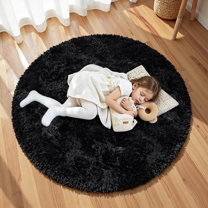 Black Round Fluffy Rug 5ft Plush Fuzzy Shaggy Carpet | Soft Rugs - Image 5