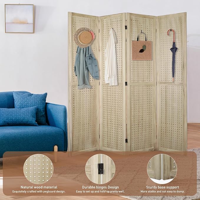 4 Panel Pegboard Room Divider | Natural Wood Folding Privacy Screen - Image 5
