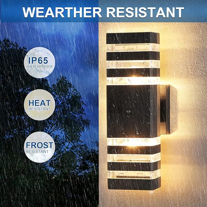 Delicavy 2PK Dusk to Dawn Sensor Outdoor Wall Lights Up Down Porch Lights Modern Exterior Light Fixtures Photocell Waterproof Black Aluminum Housing for Front Porch, Patio, Garage (Use Two E26 Bulbs)