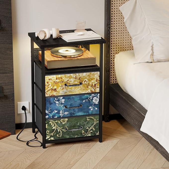 Fixwal Night Stand with 3 Fabric Drawers, Nightstand with Charging Station | - Image 7
