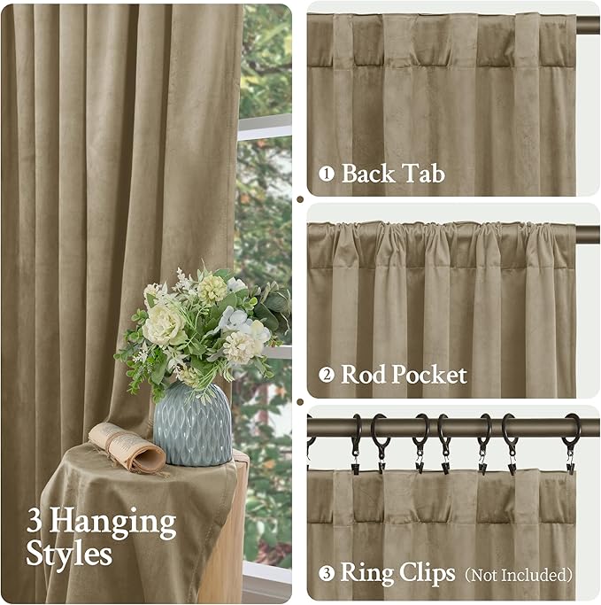 LAMIT Dark Taupe Velvet Curtains 120 Inch for Living Room, Thick Thermal Insulated Drapes Room Darkening Country Decor Back Tab and Rod Pocket Panels for Bedroom, 2 Panels, 52 x 120 Inch