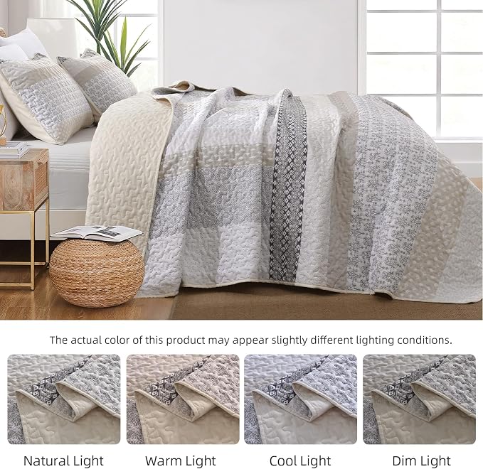 WONGS BEDDING Beige Quilt King Size, 3 Pieces Boho Stripe Bedspread | Patchwork - Image 6