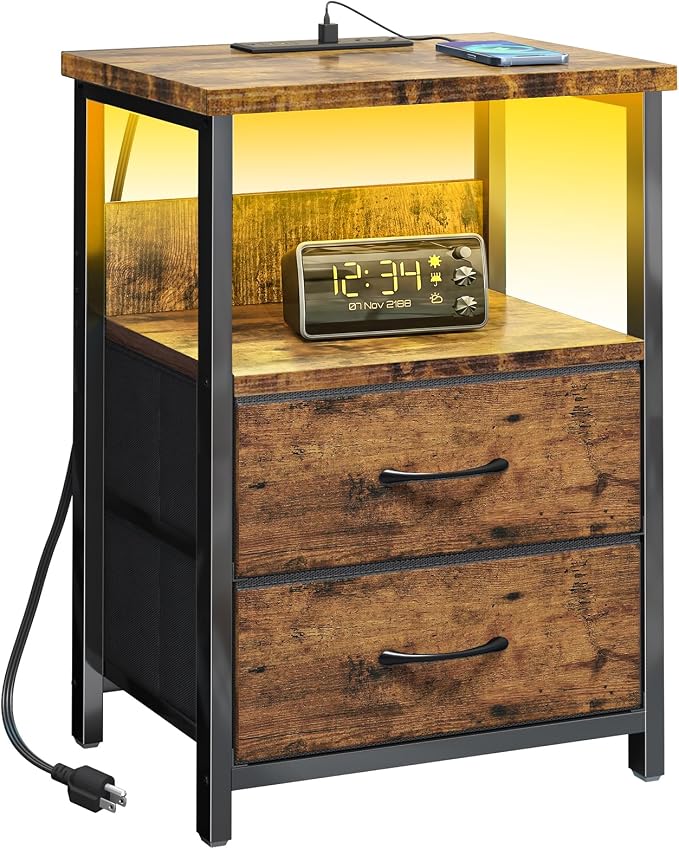 Fixwal Night Stand with Charging Station, Led Nightstand, 2 Fabric Drawers | by Fixwal