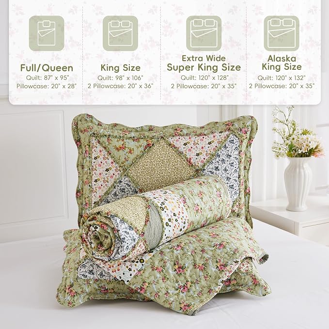 King Size Quilt Set Green Floral Patchwork Quilted Bedspreads Coverlet Set | - Image 7