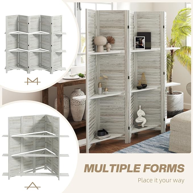 HOMCOM Room Divider with Shelves, 5 Panel, Distressed White | Wood Privacy - Image 6