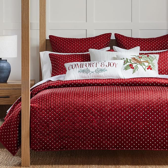 Levtex Home - Cross Stitch Velvet Red Quilt Set - King Quilt + Two King Pillow - Image 4
