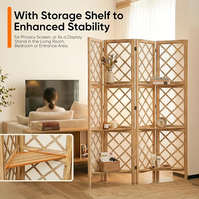Japanese Room Divider with Shelves, Shoji Screen Diamond Lattice Design - Image 4