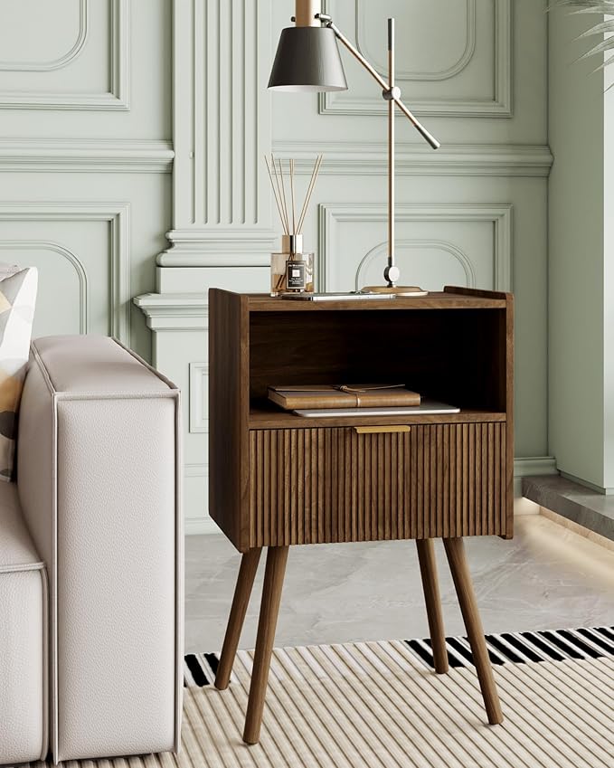 Nightstand,Modern Bedside Table with Storage Drawer and Open Wood Shelf, Accent Night Stand with Solid Wood Legs for Living Room, Bedroom and Small Spaces,Easy Assembly (Walnut Brown)
